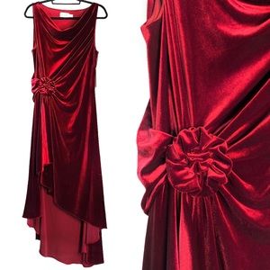 NWT Eliza J Velvet High Low Long Dress Size 14 Burgundy Cowl Neck Drape Rosette